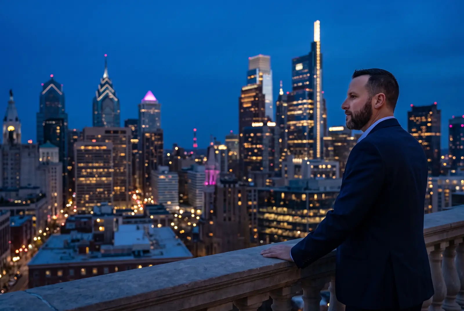 Will Burke overlooking the Philadelphia skyline